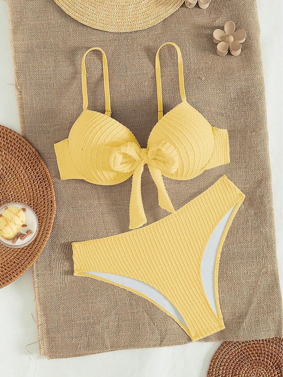 Swim Mod 2pcs Spring Break Women Solid Color Lace-Up Straps Textured Bowknot Bikini Set, Beach Swimwear For Summer Beach Vacation - Yellow - View 1