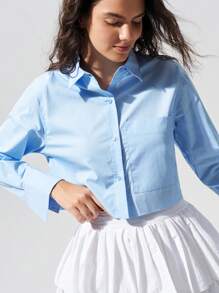 Menodora SHEIN Sport Cloudkiss 100%Cotton Casual Solid Color Woven Cropped Women Button Up Shirt - Dusty Blue - View 7