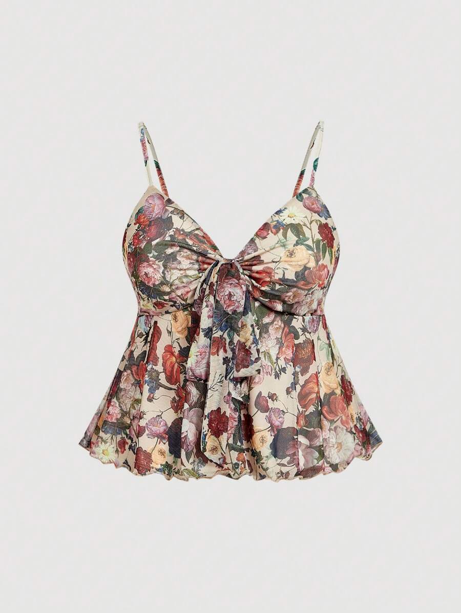 SHEIN MOD Áo ba lỗ thun in họa tiết hoa cổ điển cỡ lớn có dây đeo mảnh bằng vải lưới thắt nơ - Nhiều màu - Xem 1