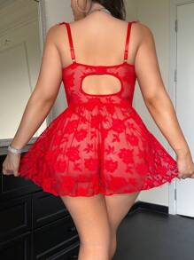 Snug Zone 2pcs/Set Plus Size Sexy Lingerie Set: Lace Eyelash Splice PU Ribbon Bow Camisole Dress + Thong Panty Bowknot - Red - View 2