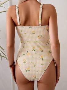 SHEIN Maternity Lemon & Plaid Print Ruched Bust One-Piece Swimsuit, Summer