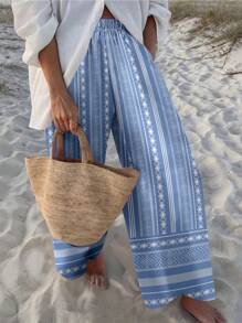 Travachic Women's Geometric Print Loose Wide Leg Casual Vacation Pants,Fall Women Clothes - Blue - View 5