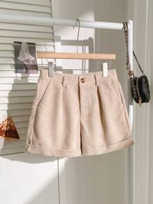 SHEIN EZwear 女士夏季沙滩户外休闲高腰卷边灯芯绒短裤 - 杏色 - 查看 7