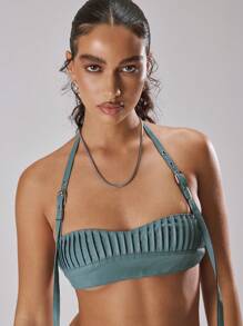 SHEIN X Scheana MUSERA Áo bra cổ yếm bằng da PU có khóa cài, thích hợp cho mùa xuân, hè, kỳ nghỉ, du lịch, Ibiza, lễ hội, tiệc tùng, cô nàng cá tính, phong cách đi chơi đêm. - màu xanh lá - Xem 3