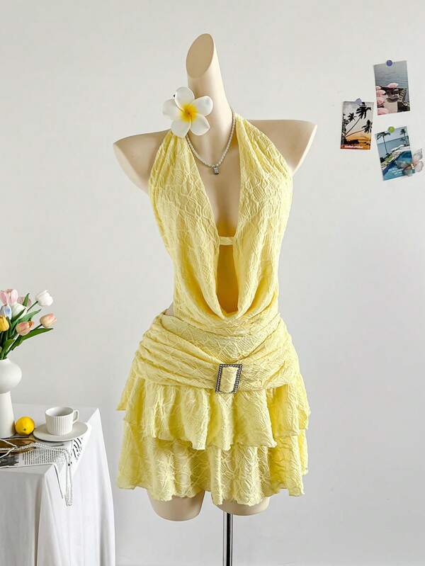 Soleia Sexy Damen Kleid mit drapiertem Ausschnitt, rückenfrei, mit Bindeband, doppelter Saum, Metallschnalle, Mini Länge, für Urlaub geeignet, passend für Musikfestivals, Bohemien-Stil, Urlaubsdates, Nachmittagstee, Kreuzfahrt, Strand, Sommer
