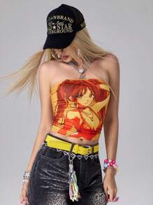 ROMWE Anime Women Cartoon Character Printed Tube Top Casual Blouse, Summer