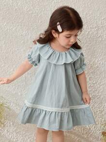 Blossori Baby Girls' Collegiate Blue Ruffle Collar Puff Sleeve Dress - Blue and White - View 6