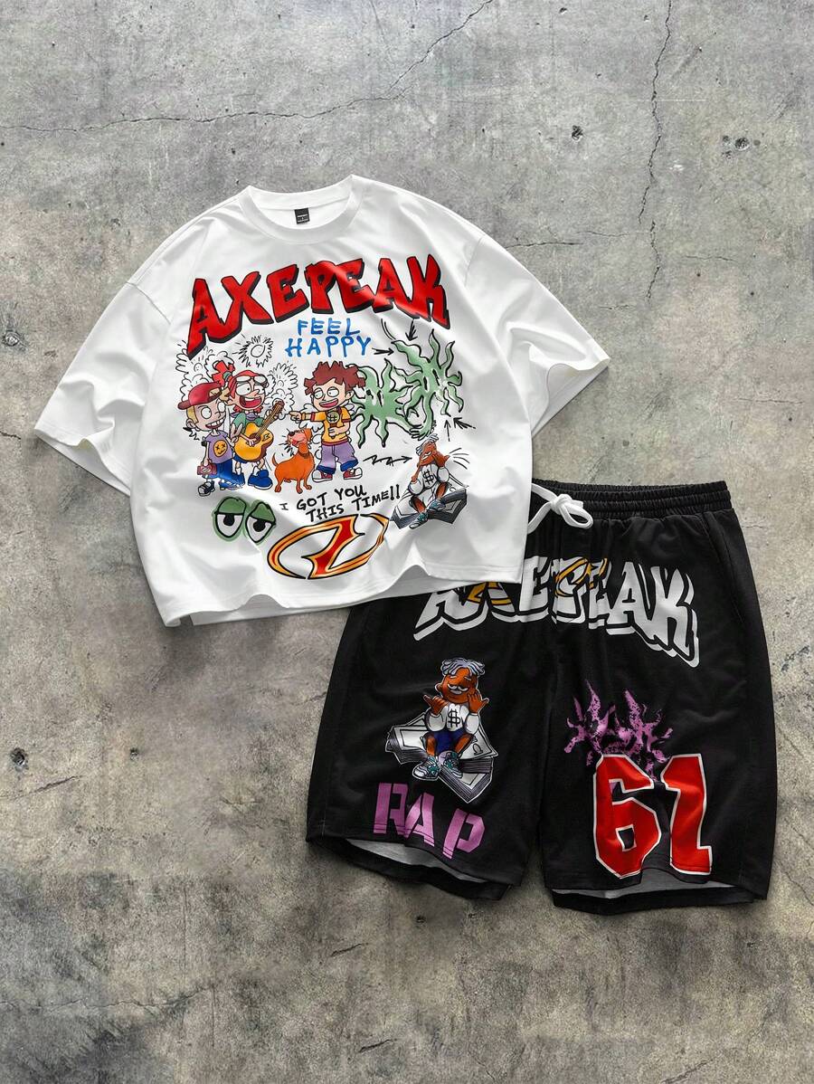 AXEPEAK Casual Streetwear Inspired, Graffiti Element, Crew Neck Short ...