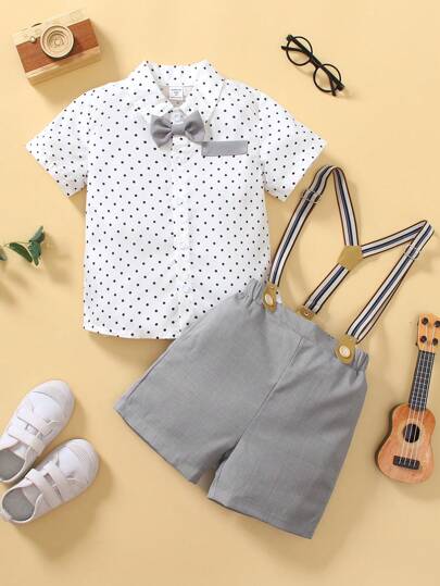 2pcs/Set Toddler Boys Gentleman Minimalist Polka Dot Collar Button Shirt With Bowtie Decor, Paired With Adjustable Suspenders Grey Shorts, Suitable For Parties, Weddings, Back To School