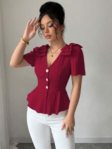 Elenzga Nueva blusa de mujer de tela tejida, elegante y refinada, con cuello en V, diseño de lazo, botones delanteros y unicolor, versátil y estilizadora - Burdeos - Ver 5
