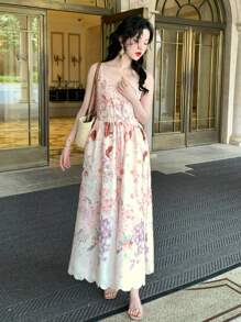 DAZY Floral Print Slip Dress For Women, A-Line, Maxi Length Boho Vacation Outfits Women - Pink - View 7