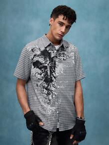 ROMWE MEN Grunge Punk Men's KPOP Street Summer Plaid Cross Print Short Sleeve Single-Breasted Casual Shirt, Emo - Multicolor - View 11