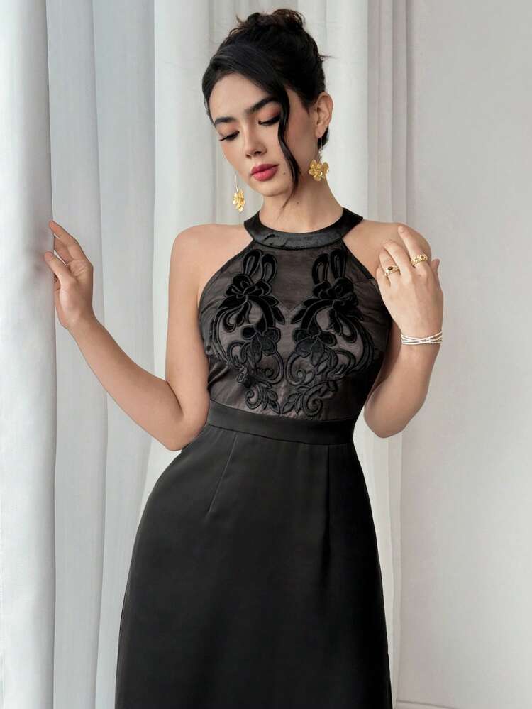 Lace Patchwork Sleeveless Mid-Length Dress For Women Cocktail Dress