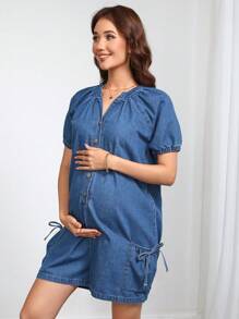 SHEIN Mono informal de tela vaquera de manga corta con cuello con muesca para maternidad