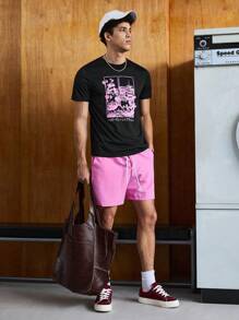 SWAVVY 男士拼色日文字母花卉图案印花短袖T恤和抽绳腰短裤夏季服装 - 彩色 - 查看 1