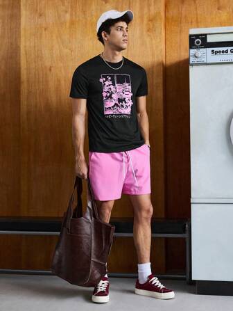 Guys Japanese Letter & Floral Print Tee & Drawstring Waist Shorts