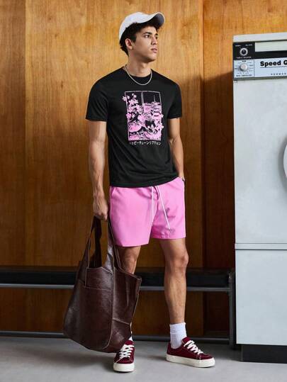 Guys Japanese Letter & Floral Print Tee & Drawstring Waist Shorts