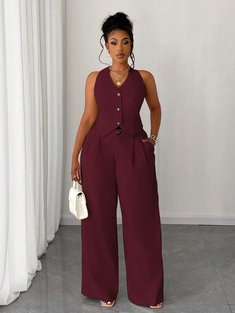 Maweii Conjunto de 2 piezas para mujeres de talla grande, chaleco corto de unicolor y pantalones anchos informales - Morado - Ver 1