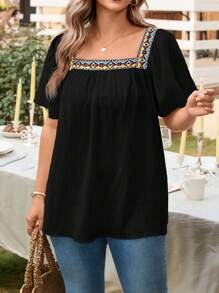 SHEIN LUNE Plus Size Women Square Neck Embroidery Tape Flowy Sleeve Retro Print Trim Blouse Top Cowgirl Summers For Women Graduation Spring Women Summer Clothes Graduation Easter Women Spring Summer Clothes Vacation Bohemia Easter Women Square Neck Tops Boho Tops For Women Boho Tops Peasant Tops Peasant Blouse