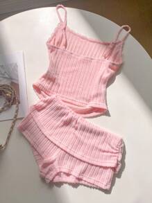 SHEIN EZwear 大码女式撞色蕾丝荷叶边吊带背心和短裤两件套 - 淺粉色 - 查看 5