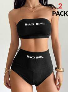 Coolane 女士夏季街头服饰黑色上学辣妹运动基本款弹力黑色修身高腰弹力毛衣黑色短裤 2 件套/两件套，狂野装扮 - 黑色 - 查看 2