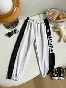 Young Boy 侧字母印花撞色拼接宽松抽绳腰慢跑裤显瘦休闲运动长裤