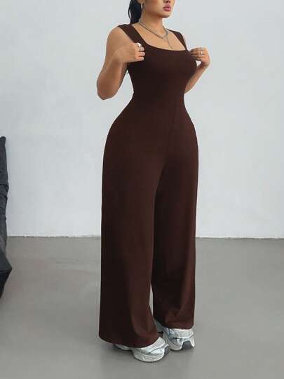 Vibekara Plus Size Spring/Summer Women's Solid Color Elegant Loose Casual Off The Shoulder Sleeveless Sports Academy Simple Casual Square Neck Wide Leg Jumpsuit