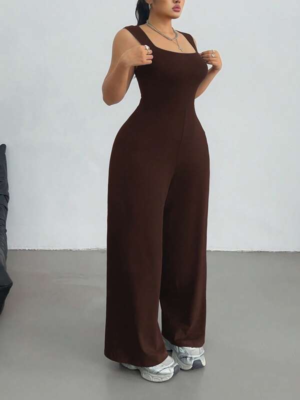 Vibekara Plus Size Spring/Summer Women's Solid Color Elegant Loose Casual Off The Shoulder Sleeveless Sports Academy Simple Casual Square Neck Wide Leg Jumpsuit