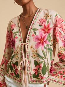 Travachic 梭织印花长袖短款宽松女式衬衫，女士夏季装、沙滩装、春夏季装、复活节、节假日、女士海滩装、春假装、女士度假装、音乐会装、波西米亚风、波西米亚风、音乐节装、热销款、热带度假女装 - 卡其色 - 查看 5