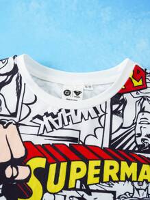 SUPERMAN X SHEIN Conjunto de camiseta de manga corta casual con estampado de superhéroes de dibujos animados y pantalones cortos de corte holgado para niño preadolescente - Blanco y Negro - Ver 3