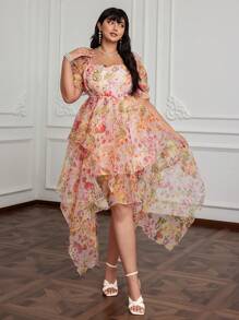 Flirla 加大码方领短袖泡泡袖夏季度假连衣裙，花卉印花荷叶边下摆浪漫优雅可爱海滩派对俱乐部长裙女式