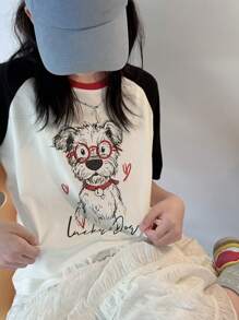 DAZY Tween Girls' Casual Colorblock Cartoon Dog Print T-Shirt With Raglan Sleeves, Summer,Back To School Clothes