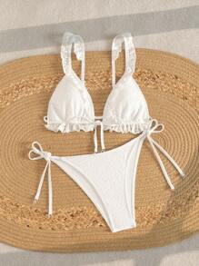 Swim Mod White Hollow Jacquard Fabric Spaghetti Strap Ruffle Heart Pendant Swimsuit Set, Girly Style For Summer Beach Vacation - White - View 4