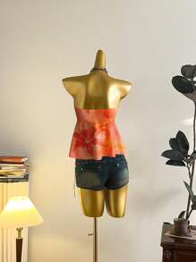Attitoon Orange Tropical Floral Print Casual Vacation Style, Sexy, Cute Y2K Coconut Girl Boho Vacation Beach Outfits For Women, Springbreak, Brunch-Ready Babyblue, Girls Trip Butter Yellow Neon Beach Vibes, Bohemian Hippie Music Festival Summer Top For Women