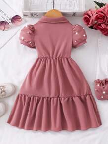 女童纯色领泡泡袖前开可爱夏季连衣裙，配迷你包 - 藕粉色 - 查看 2