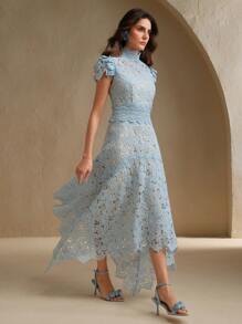 Anewsta Đầm ôm hở lưng nơ lớn ren thanh lịch, váy suông đi nghỉ - Màu xanh lam - Xem 4