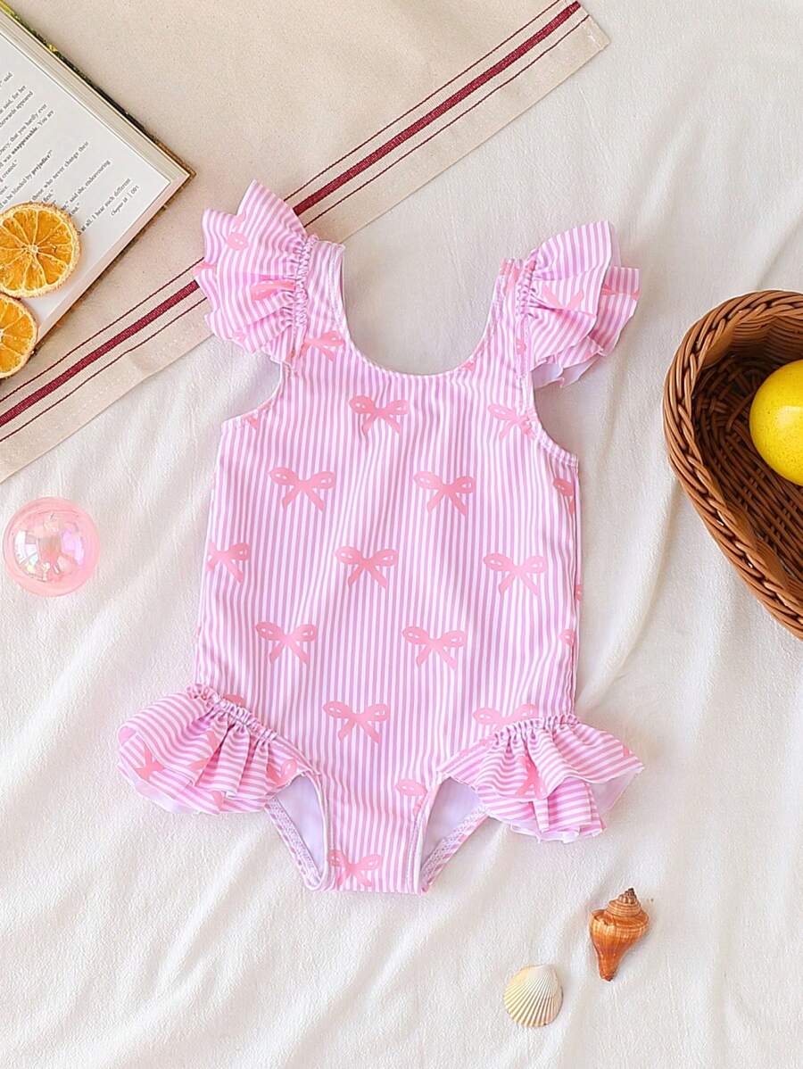 SHEIN Baby Girl Cute Bow Pattern Printed Double Layer Ruffle One-Piece Swimsuit, Pink Striped,Perfect For Summer Beach Vacations