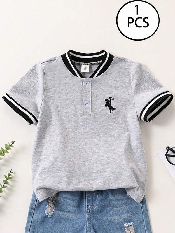 SHEIN Tricou polo cu mânecă scurtă, model sportiv, cu guler semideschis, brodat cu model de cai, versatil și confortabil, potrivit pentru școală, sărbători, petreceri, acasă, primăvară, vară, escapade, vacanță, călătorii, relaxare, bronzare