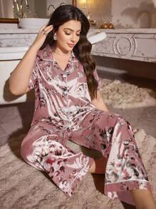 SHEIN 大码仿丝花卉印花短袖睡衣套装