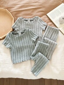 4pcs Baby Girl Casual Ruffled Neck Short Sleeve Top And Long Pants Knitted Ribbed Pajama Set - Green - View 1