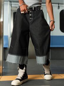 PAVTROS Manfinity Streetrush Men's Pocket Button Fly Frayed Edge Relaxed Fit Jeans Men S Wide Leg Jeans - Black - View 4