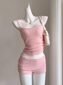 SHEIN EZwear 大码女式撞色蕾丝荷叶边吊带背心和短裤两件套 - 淺粉色 - 查看 4