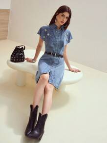 MOTF STUDIO 水钻细节纽扣牛仔连衣裙 - 藍色 - 查看 7