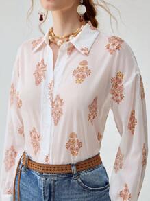 Florisole Women's Bohemian Style White Embroidered & Printed Casual Blouse For Summer Vacation