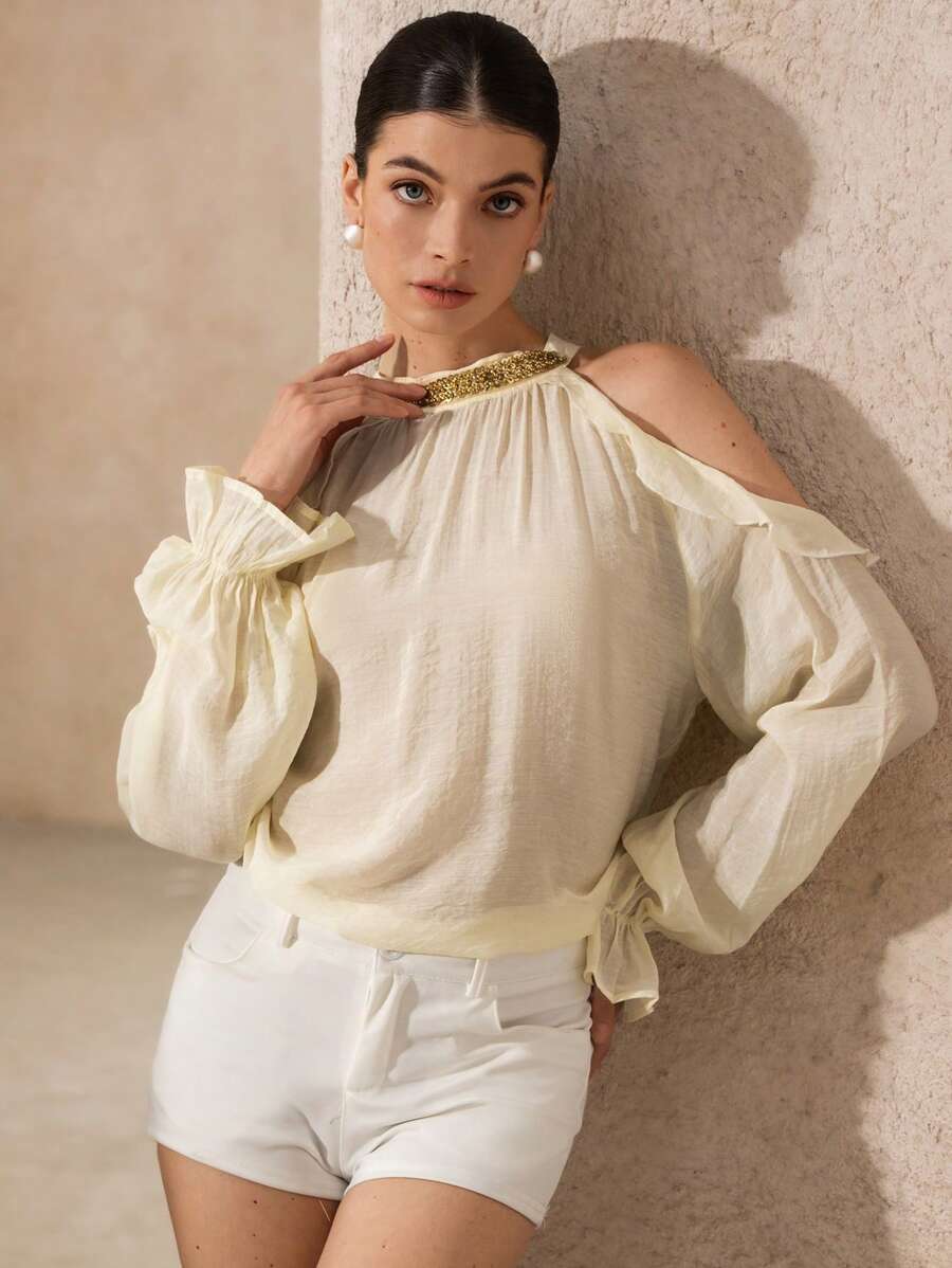 Chiquease Women's Ruffled Collar, Bead-Decorated Open Shoulder Long Sleeve Blouse, Stylish & Slimming - Apricot - View 1