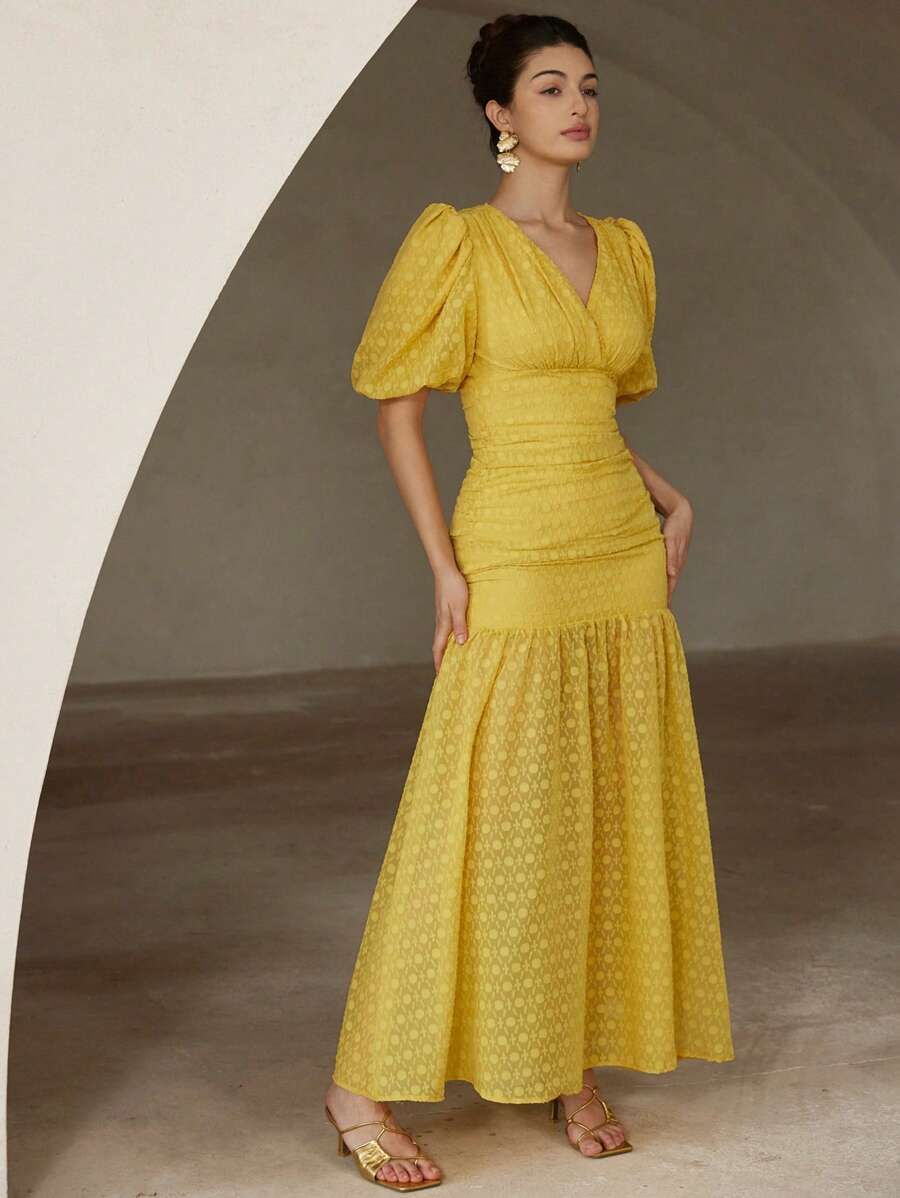 Aveloria Rosie Elegant Chiffon Cut-Out V-Neck Puff Sleeve Ruffle Bodycon Apricot Yellow Mini Dress - Yellow - View 1