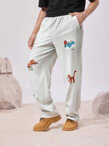 The Smurfs X SHEIN 男士卡通图案口袋休闲时尚裤 - 杏色 - 查看 1
