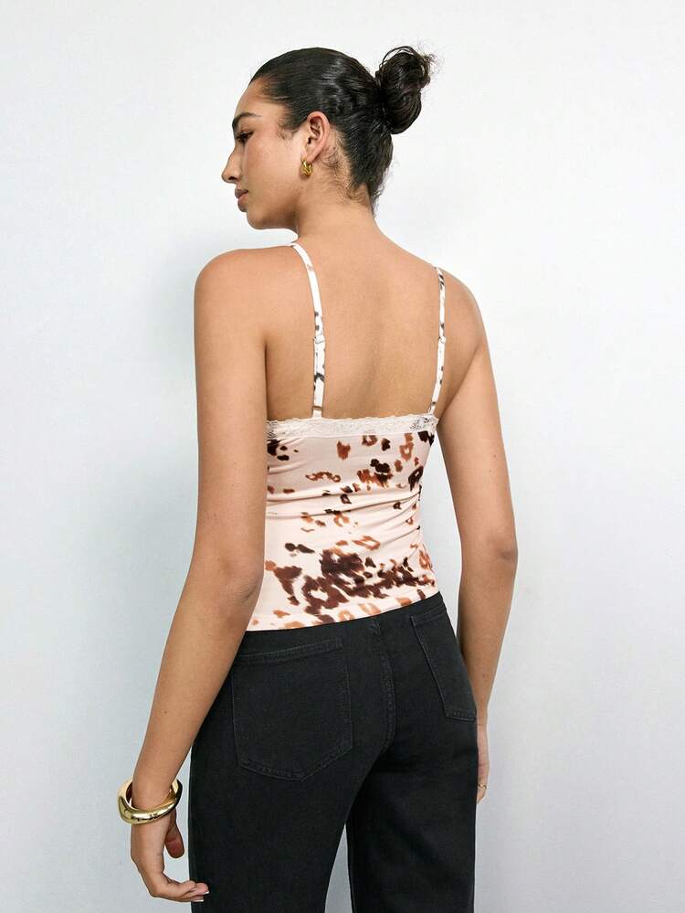 SHEIN Maija 2025 New Summer Leopard Print Sleeveless Cami Top, Sexy Lace Patchwork Adjustable Spaghetti Strap Casual Tank Tops For Women, Elegant Chic For Commuting, Party, Beach, Music Festival, Office, Graduation, Going Out