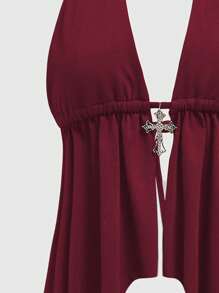 ROMWE Goth Spring|Summer Carnival Party Vacation Red Y2K Sexy Rhinestone Cross Pendant Decor Open Back Spaghetti Strap Tank Top For Women - Burgundy - View 3