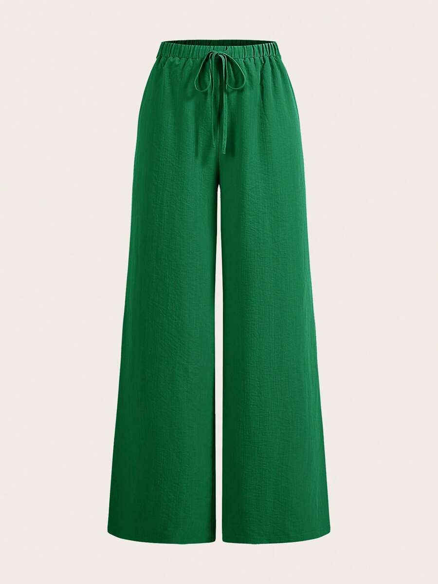 SHEIN BASICS Quần dài ống rộng lưng vừa dệt màu trơn rộng rãi thoải mái cho nữ - màu xanh lá - Xem 1
